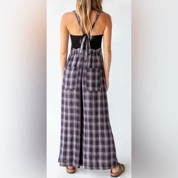 Natural Life Dakota Tie Plaid Wide Leg Gauzy Overalls in Grey Plaid Size Small - Picture 6 of 11